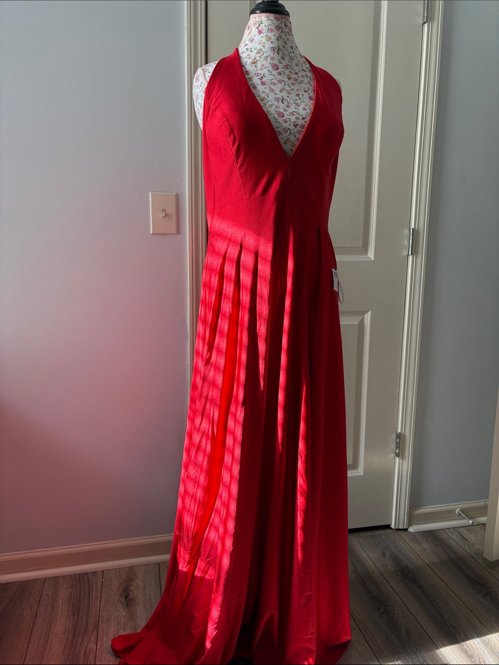 Red V-Neck Pleated Maxi Dress - Women